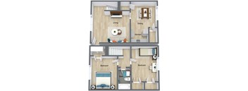 3D floor plan of Oak- 2 bed 1 bath - GSJ