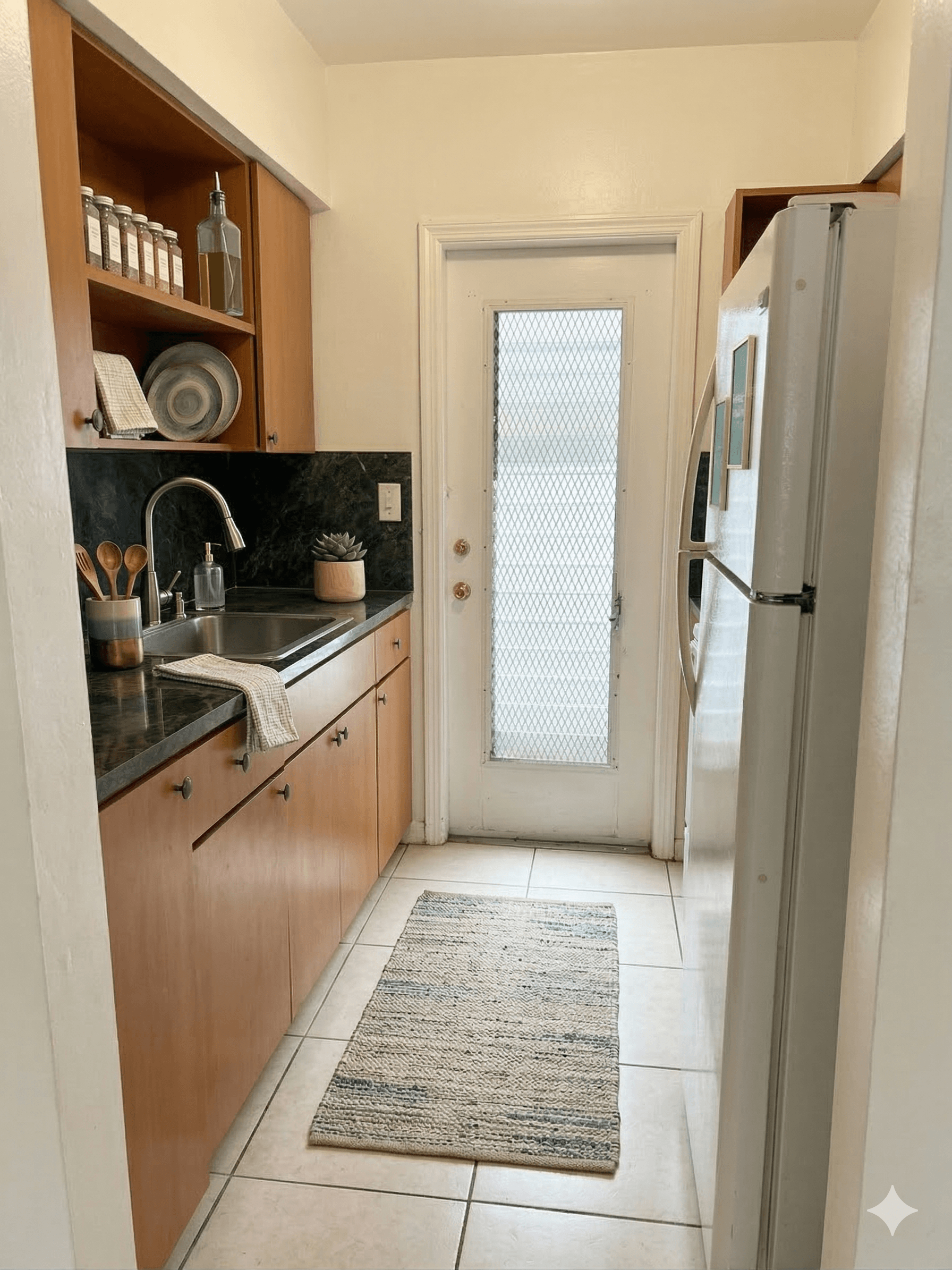 A kitchen with a sink, refrigerator, and a rug on the floor.