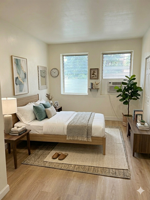 A bedroom with a bed, nightstand, and a plant.