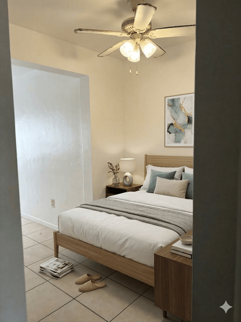 A bedroom with a bed, nightstand, and a ceiling fan.