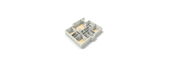 A white 3D model of a cube with several smaller cubes cut out.
