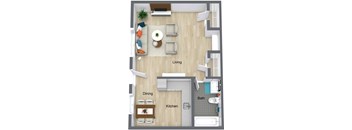 A living room, dining room, kitchen, and bathroom are shown in this image.