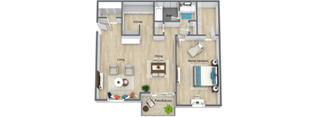 A floor plan of a house showing a kitchen, living room, dining room, master bedroom, and bathroom at Red Bay Apartment Complex, Jacksonville, FL, 32211