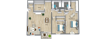 A floor plan of a house with a kitchen, living room, dining room, and bedrooms. at Red Bay Apartment Complex, Jacksonville, FL, 32211
