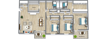 A floor plan of a house with a living room, dining room, kitchen, and multiple bedrooms. at Red Bay Apartment Complex, Jacksonville, FL, 32211