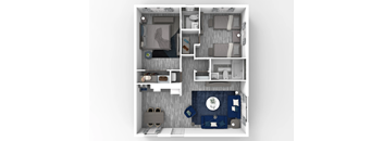 A 3D floor plan of a small apartment with a bedroom, living room, and kitchen.