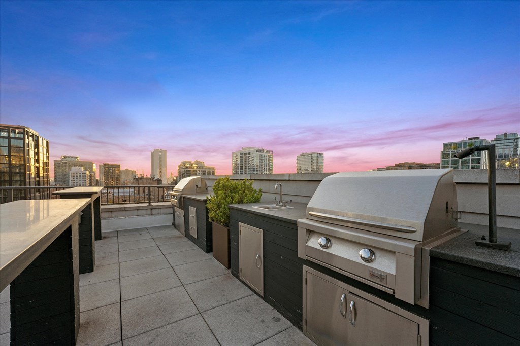 the city skyline as seen from the roof deck of a building with an outdoor grill at Chateau on Wells, Chicago, 60654