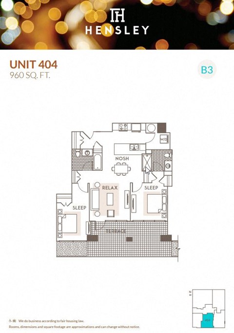 2 Bedroom 2 Bathroom floor plan H at Hensley Chicago, Illinois, 60654