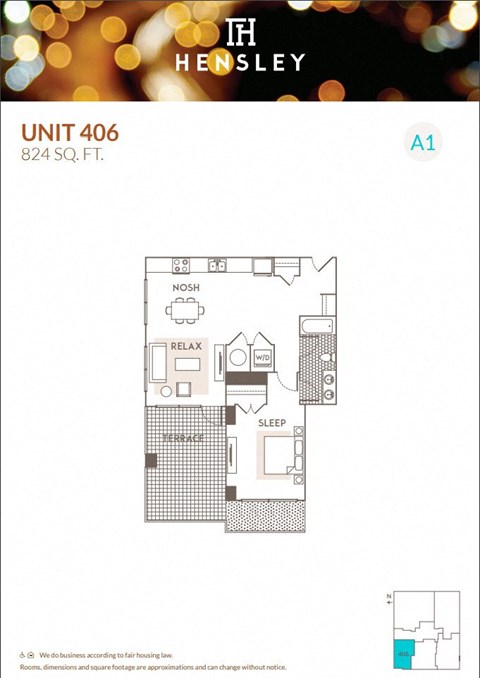 1Bedroom 1Bathroom floor plan X at Hensley Chicago, Chicago