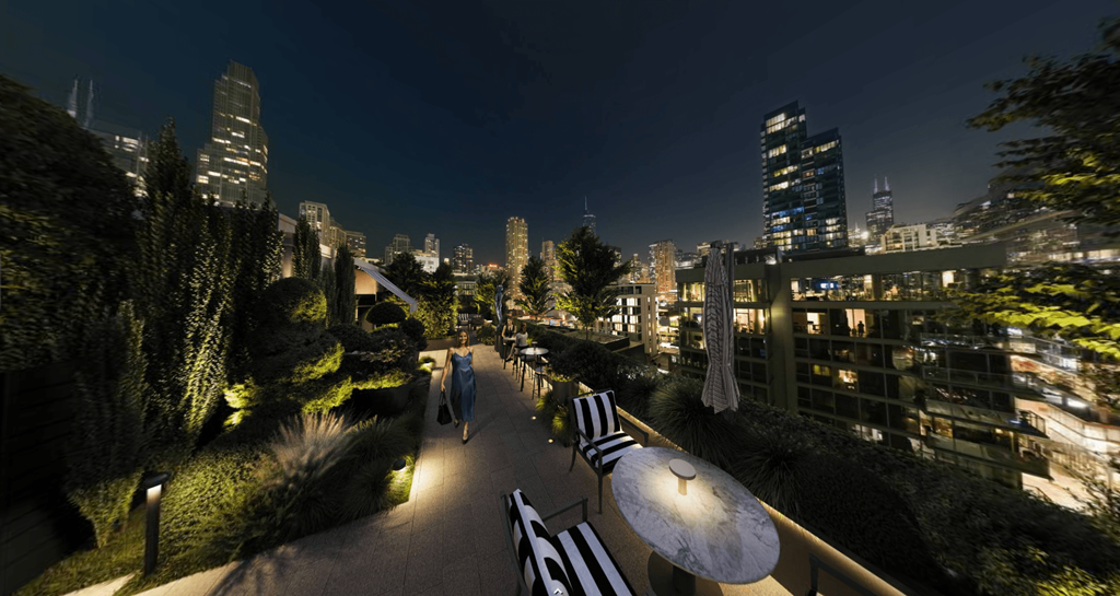 Rooftop at night view at Chateau on Wells, Illinois, 60654