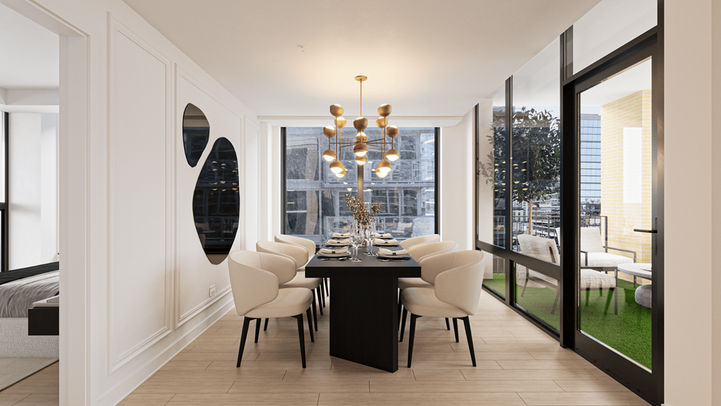 a dining room with a black table and white chairs and a large window at Chateau on Wells, Chicago, 60654