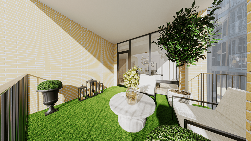 a living room with a green rug and a balcony at Chateau on Wells, Chicago