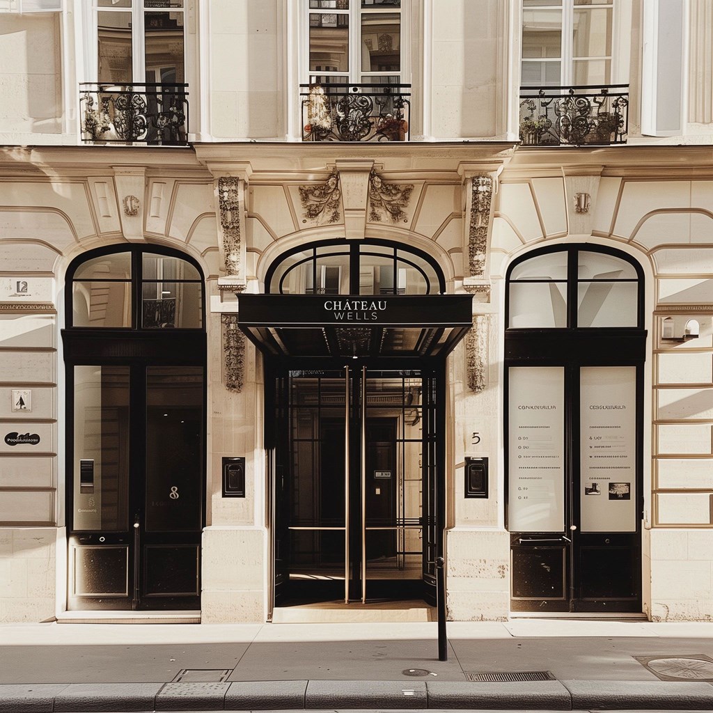 the facade of a building with two black doors at Chateau on Wells, Chicago, IL