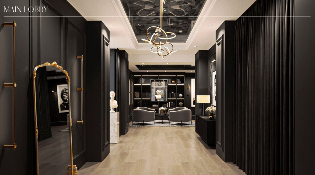 a lobby with black walls and a white marble floor at Chateau on Wells, Chicago