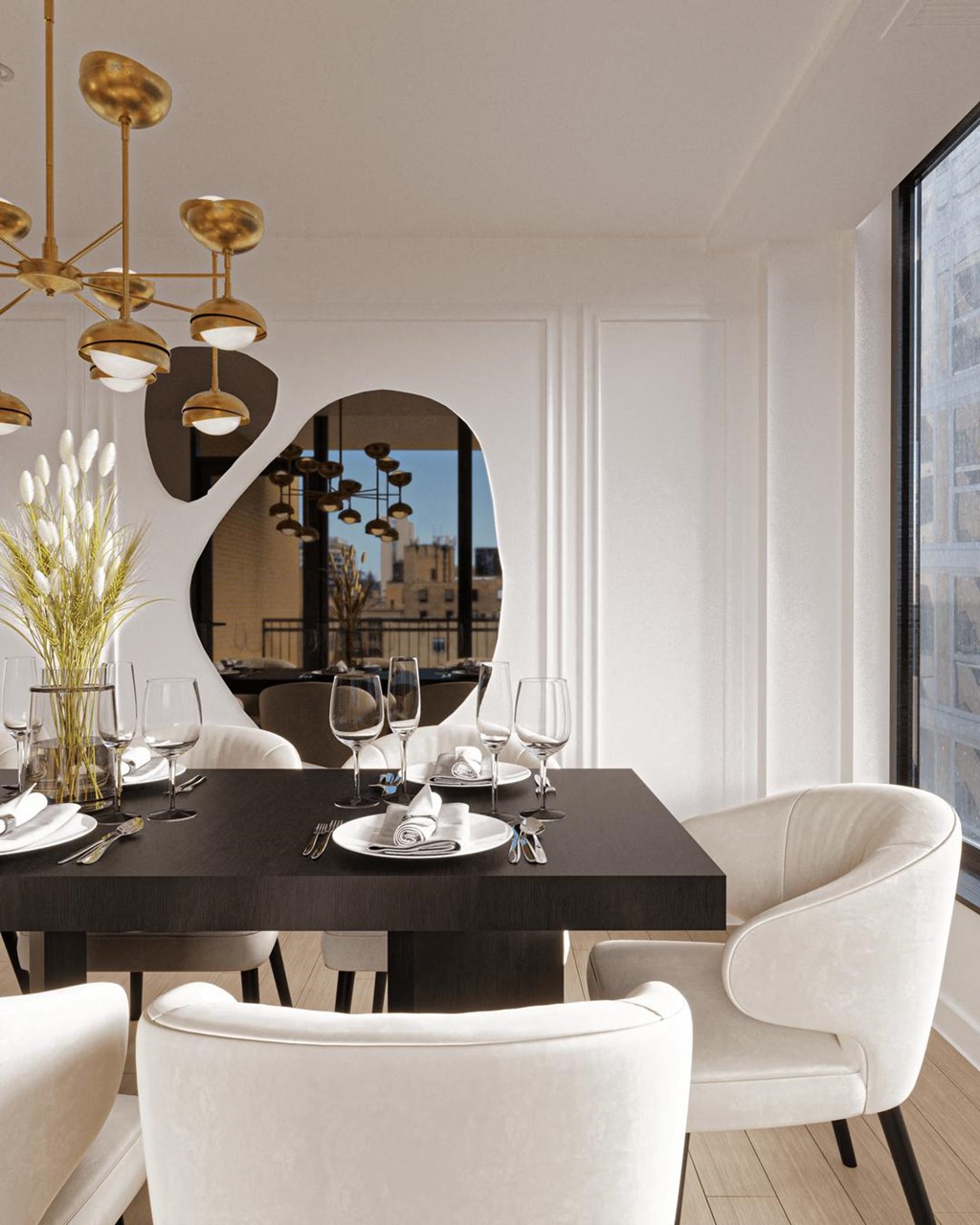 a dining room with white chairs and a black table at Chateau on Wells, Chicago, IL
