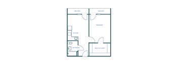 A floor plan of a home with a kitchen, bathroom, bedroom, and walk-in closet.
