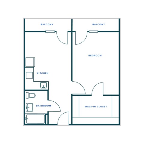 A floor plan of a home with a kitchen, bathroom, bedroom, and walk-in closet.