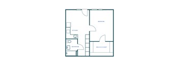 A floor plan of a small apartment with a kitchen, bathroom, bedroom, and walk-in closet.