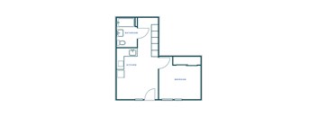 A floor plan of a room with a kitchen, bathroom and bedroom.