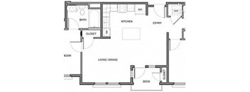 A floor plan of a house with a living room, dining room, kitchen, bathroom, and closet.
