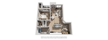 A floor plan of a small apartment with a kitchen, living room, and bedrooms.