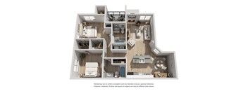 A floor plan of a studio apartment with a kitchen, living room, and bedroom.