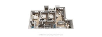 A 3D rendered image of a house layout.