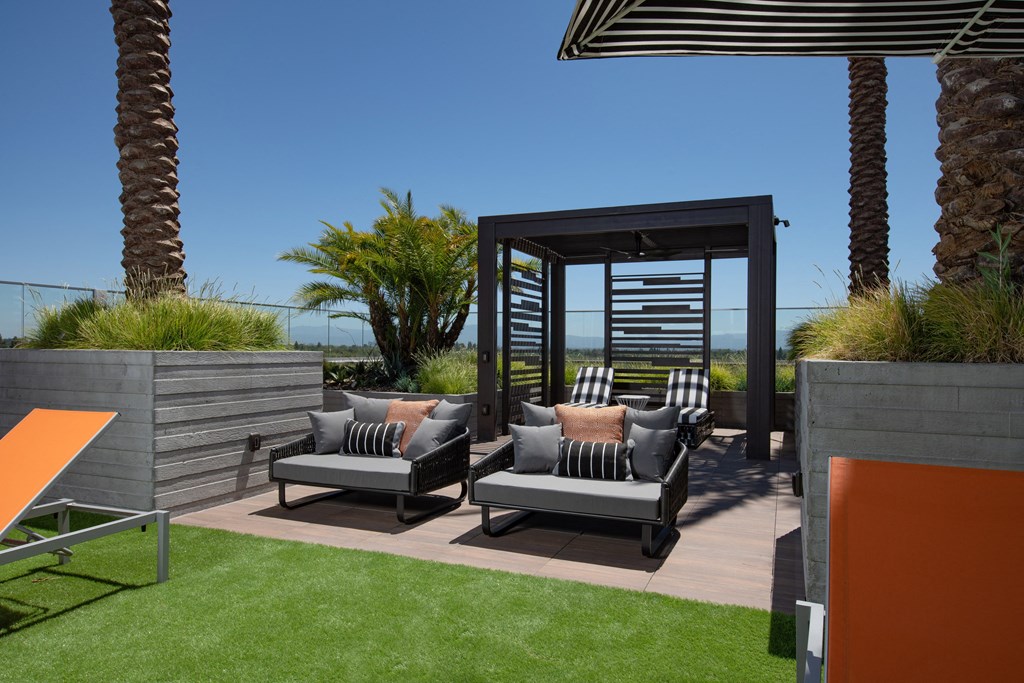 a patio with lounge chairs and a pergola with palm trees in the background