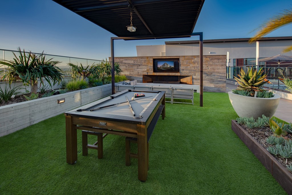 a pool table on a grassy area with a tv in the background