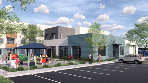a rendering of a building with a car parked in front of it