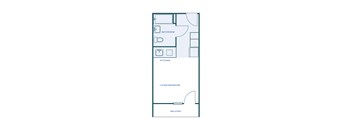 A floor plan of a small apartment with a living room, kitchen, and bathroom.