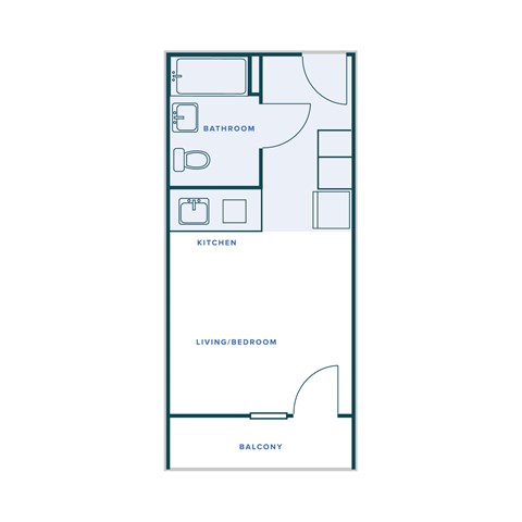 A floor plan of a small apartment with a living room, kitchen, and bathroom.