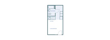 A floor plan of a small apartment with a living/bedroom area, a kitchen, and a bathroom.