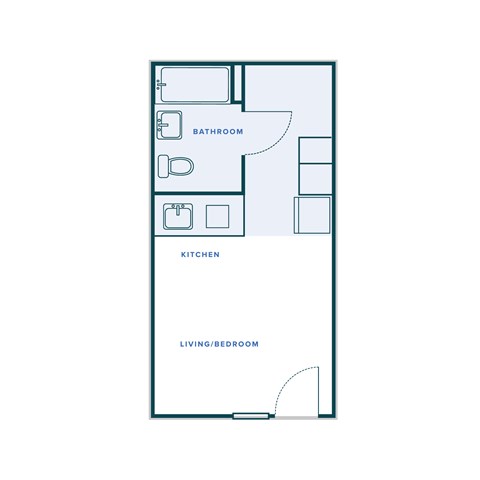 A floor plan of a small apartment with a living/bedroom area, a kitchen, and a bathroom.