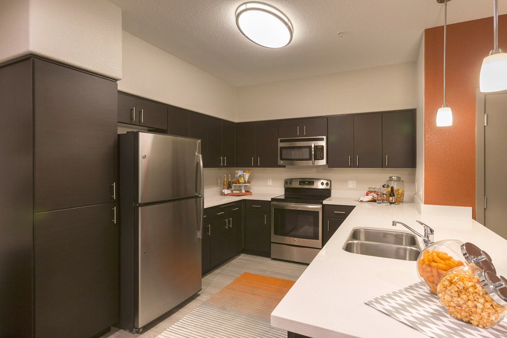 condo size kitchen with black cabinets and stainless steel appliances