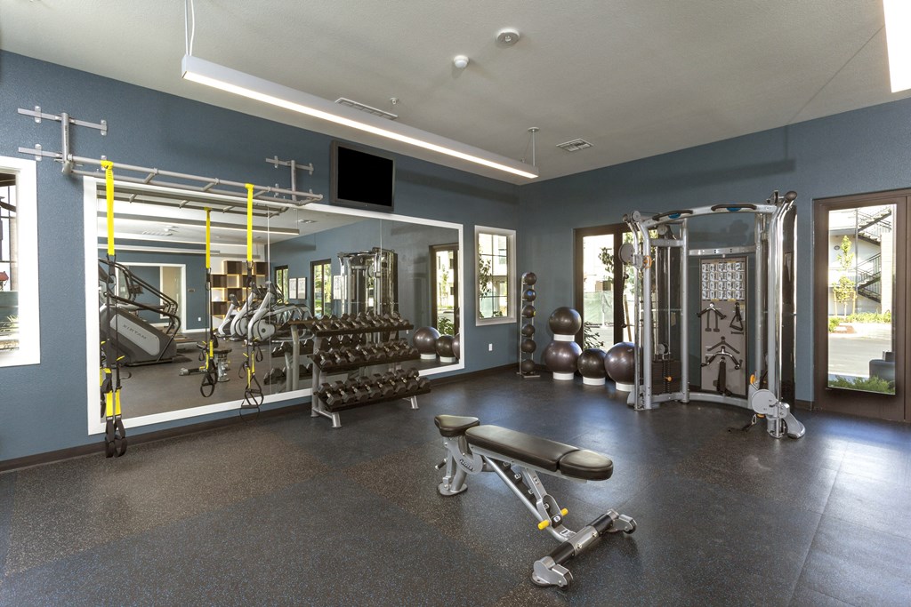 a large fitness room with weights and cardio equipment