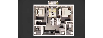 A floor plan of a house with a kitchen, living room, and two bedrooms.