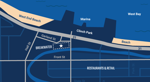 A map shows a street named Breakwater.