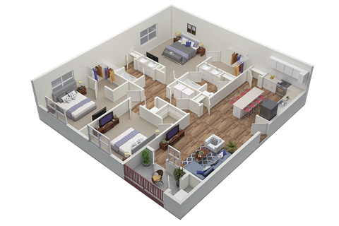 Three Bed, Two Bath Floor Plan Layout at Lakeside Gardens, Jeffersonville, IN
