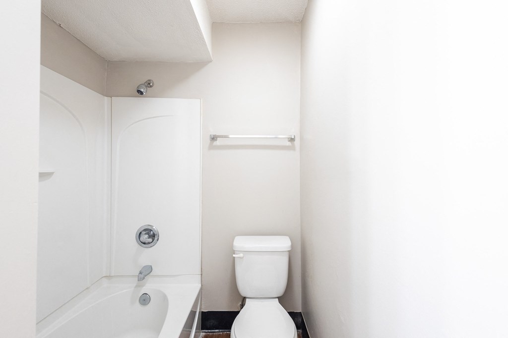 a bathroom with a toilet and a tub and a shower