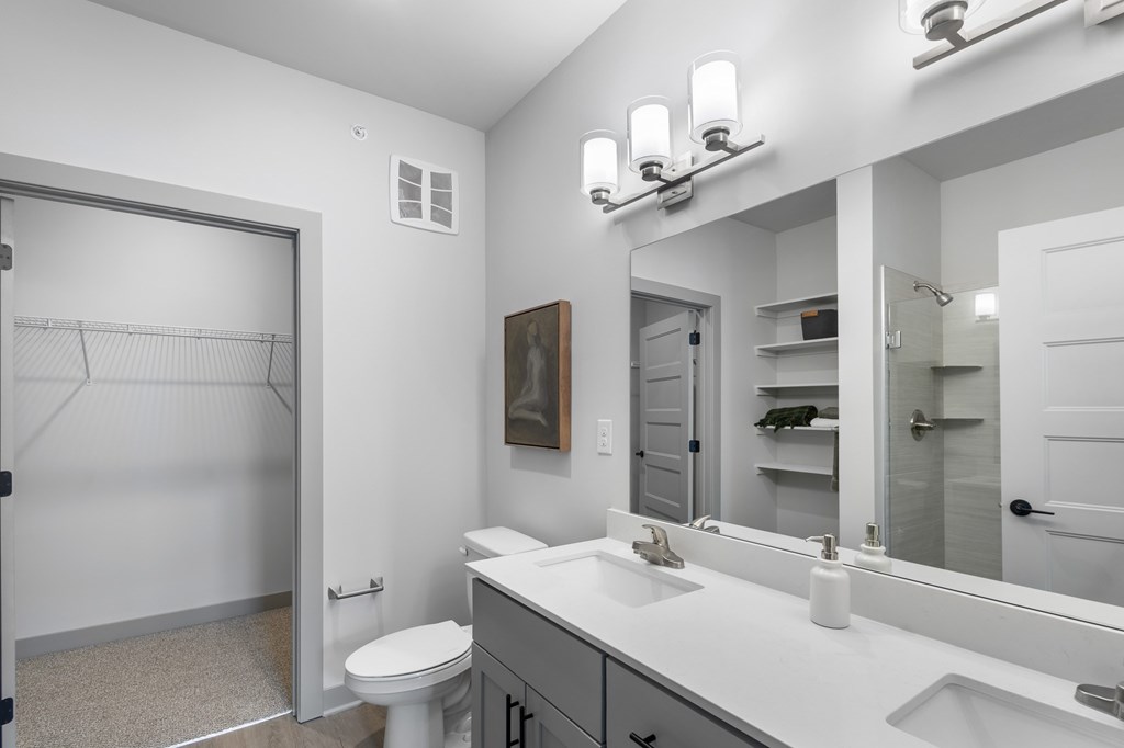 Bathroom with vanity at The Warren Apartments, Jeffersonville, Indiana