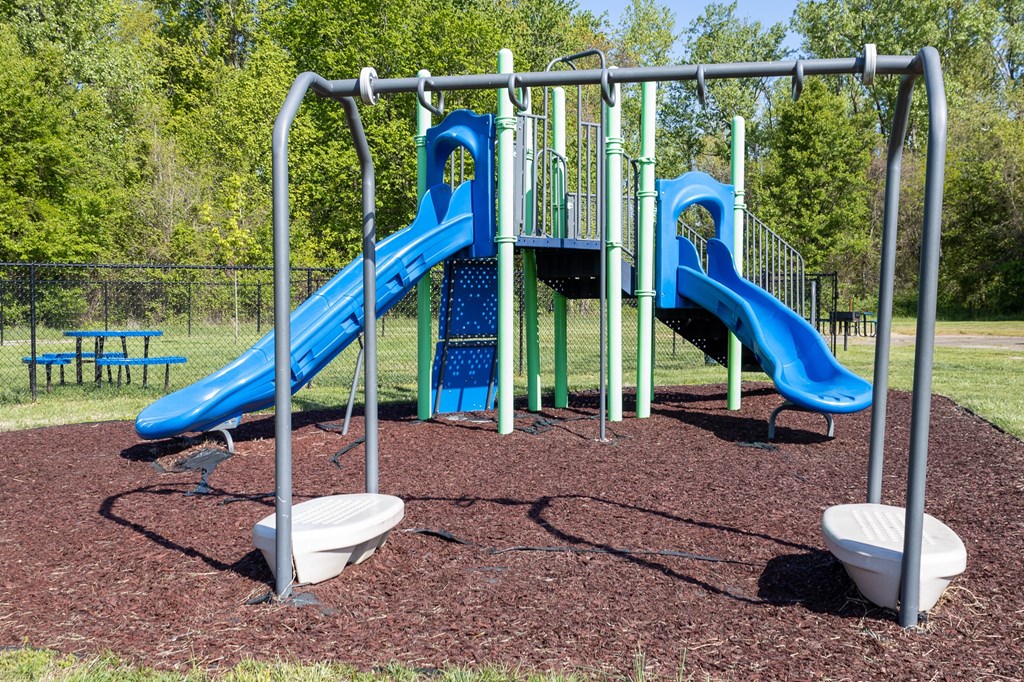a playground with two slides and a monkey bars