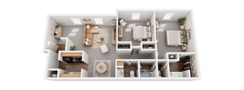 A top-down view of a modern apartment layout with a kitchen, living room, and bedrooms.