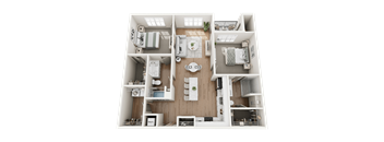 A top-down view of a two-bedroom apartment with a kitchen, living room, and bathroom.