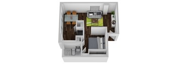a stylized floor plan of a house with a bedroom and a living room at Lofts on Ormsby, Kentucky