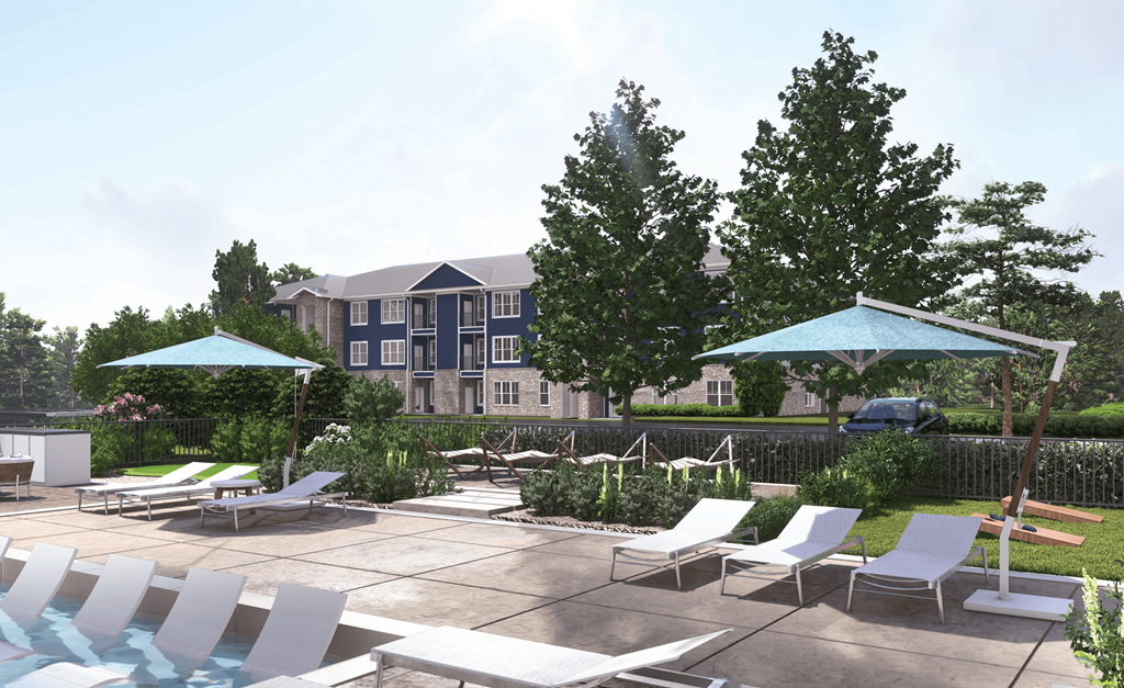 a rendering of a pool with lounge chairs and umbrellas and a large building