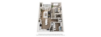 A 3D floor plan of a small apartment with a kitchen, living room, and bathroom.