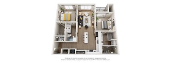 A 3D floor plan of a small apartment with a kitchen, living room, and bedroom.