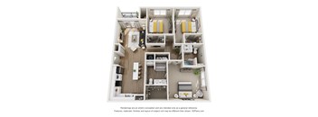 A 3D floor plan of a small apartment with two bedrooms, a living room, a kitchen, and a bathroom.