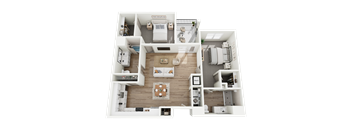 A 3D floor plan of a small apartment with a kitchen, living room, and bedroom.